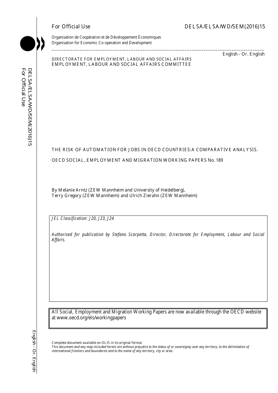 The Risk of Automation for Jobs in Oecd Countries: a Comparative Analysis - Melanie Arntz, Terry Gregory, Ulrich Zierahn, Page 2