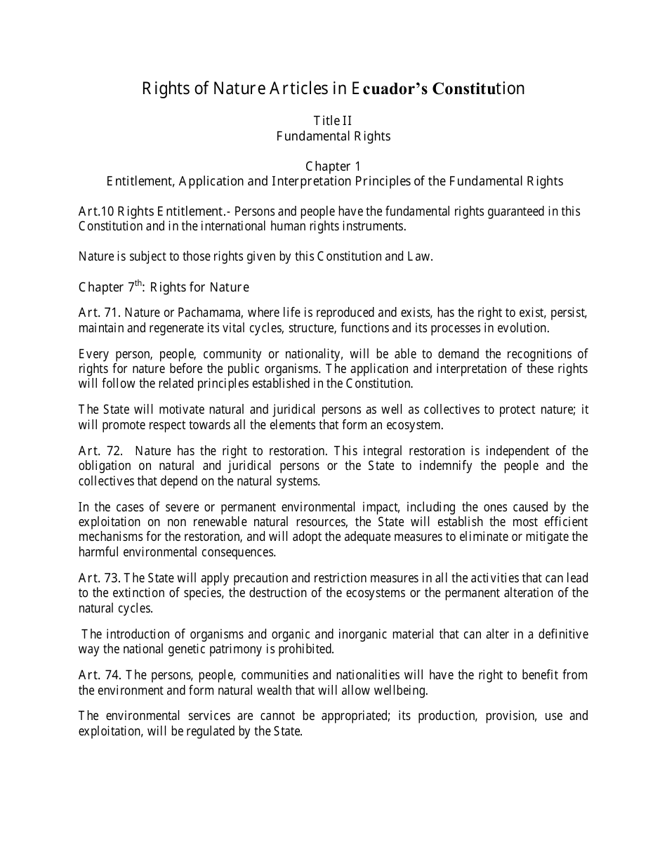 Rights of Nature Articles in Ecuador's Constitution - Title II - Fundamental Rights, Chapter 1 - Entitlement, Application and Interpretation Principles