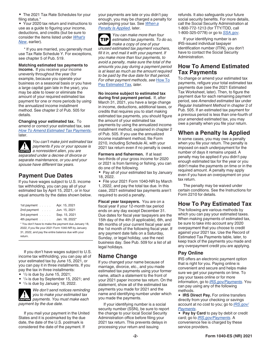 IRS Form 1040-ES (NR) U.S. Estimated Tax for Nonresident Alien Individuals, Page 2