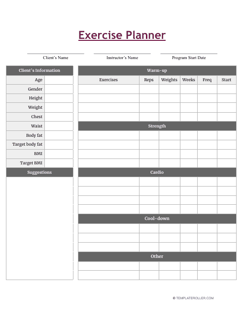 Exercise Planner Template Download Printable PDF | Templateroller