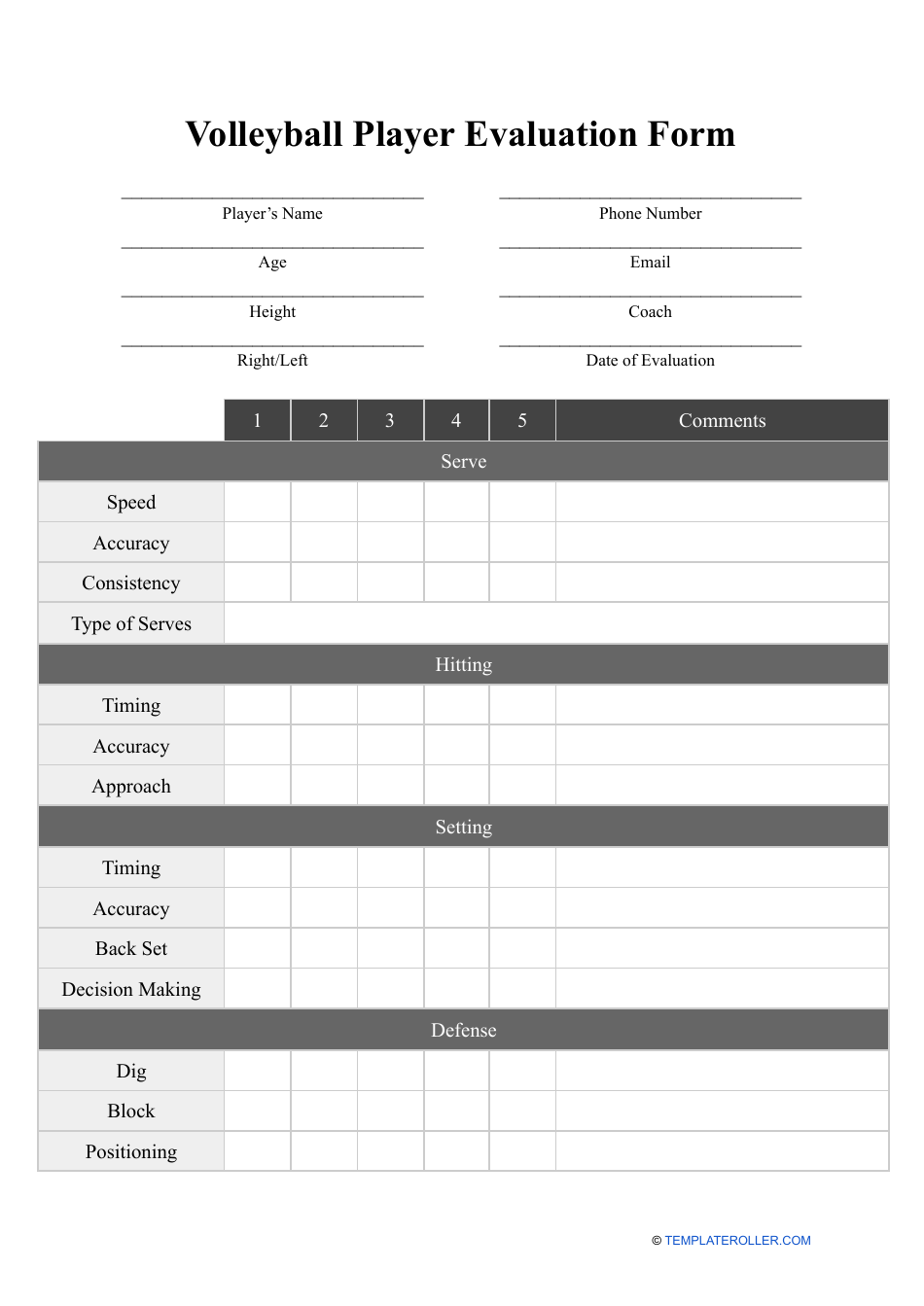 Volleyball Player Evaluation Form, Page 1