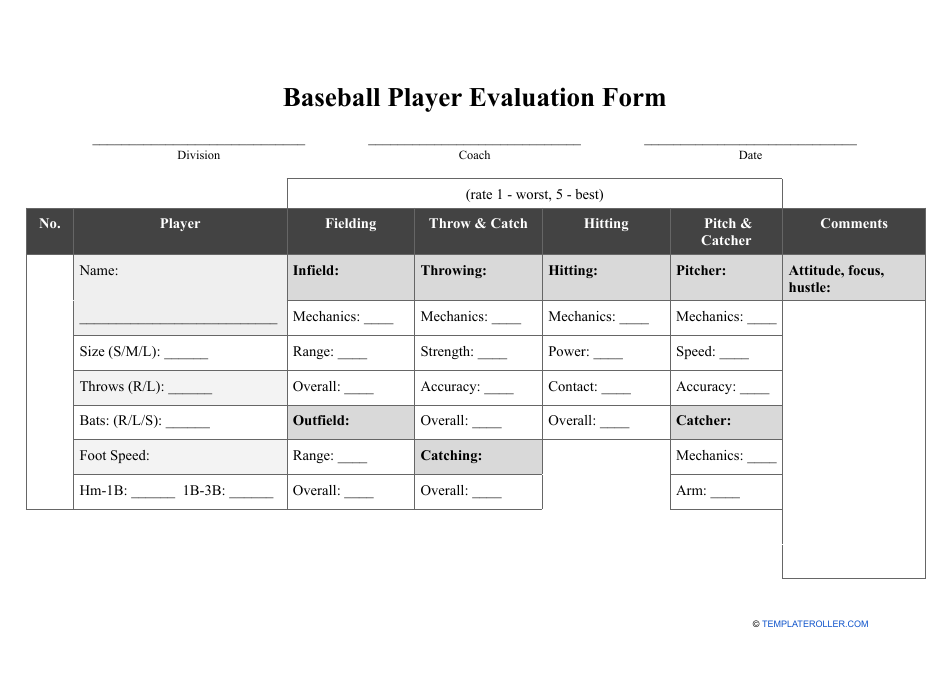 Baseball Player Evaluation Form, Page 1