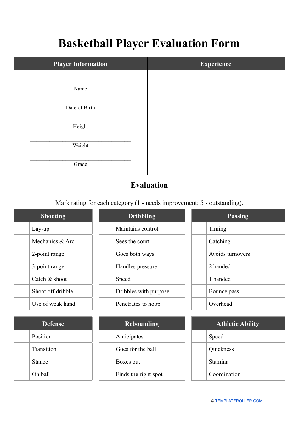 Basketball Player Evaluation Form Fill Out, Sign Online and Download