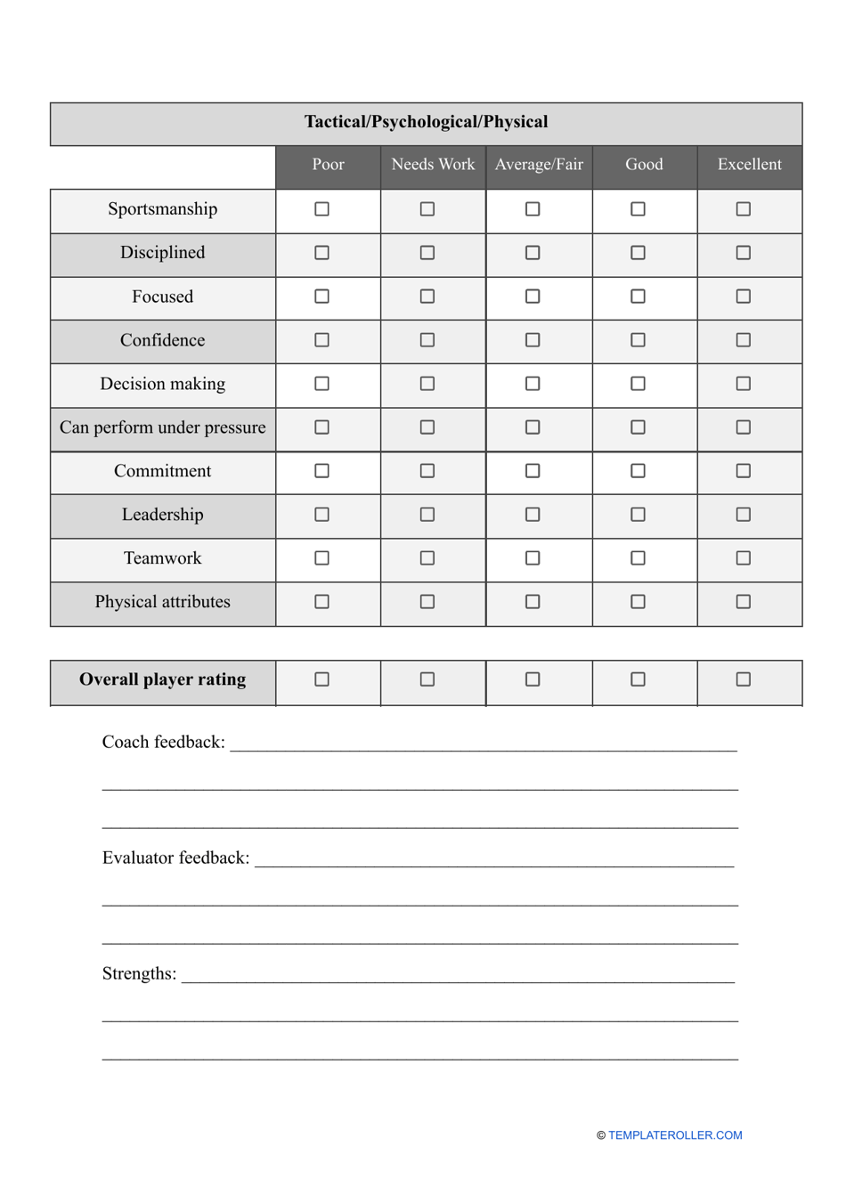 Soccer Player Evaluation Form, Page 2