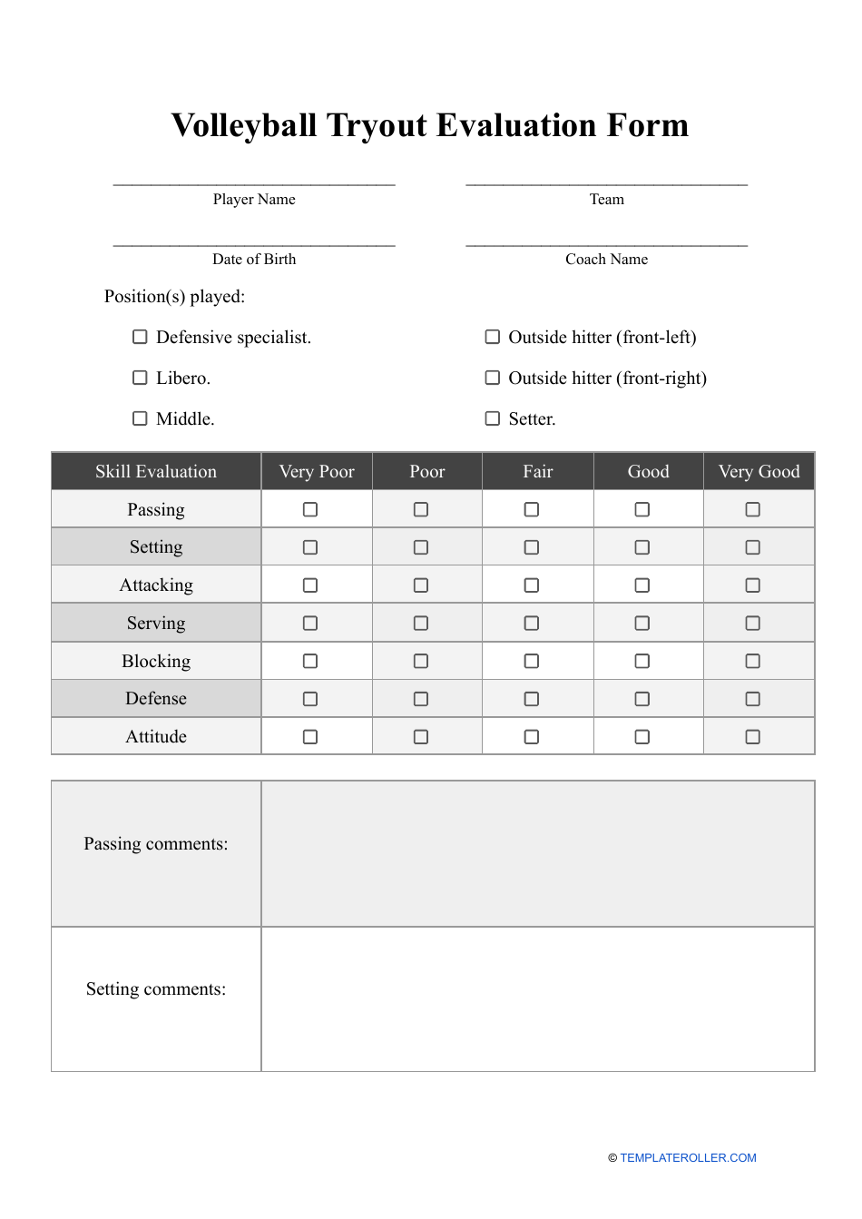 Volleyball Tryout Evaluation Form, Page 1