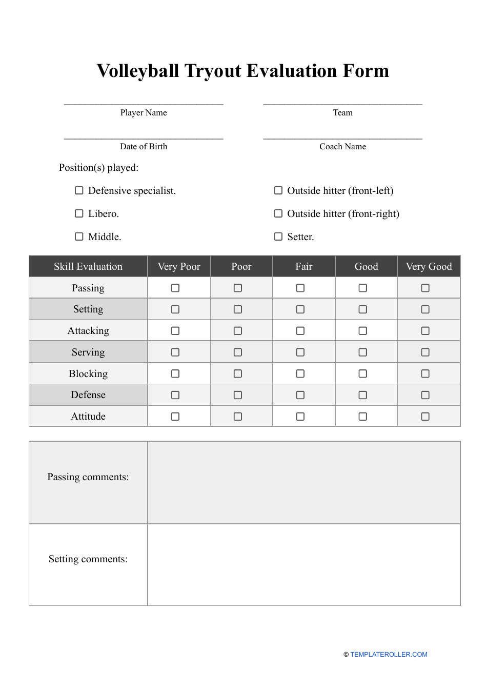 Volleyball Tryout Evaluation Form Fill Out Sign Online And Download