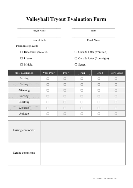 Volleyball Tryout Evaluation Form Download Pdf