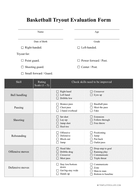Basketball Tryout Evaluation Form - Table