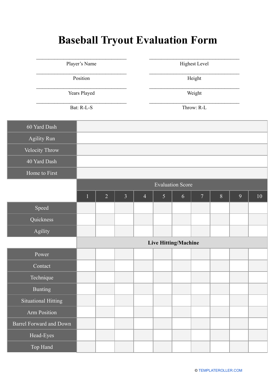 Baseball Tryout Evaluation Form, Page 1