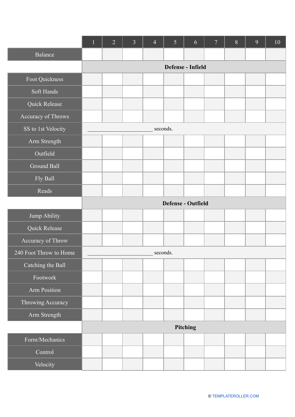 Baseball Tryout Evaluation Form, Page 2