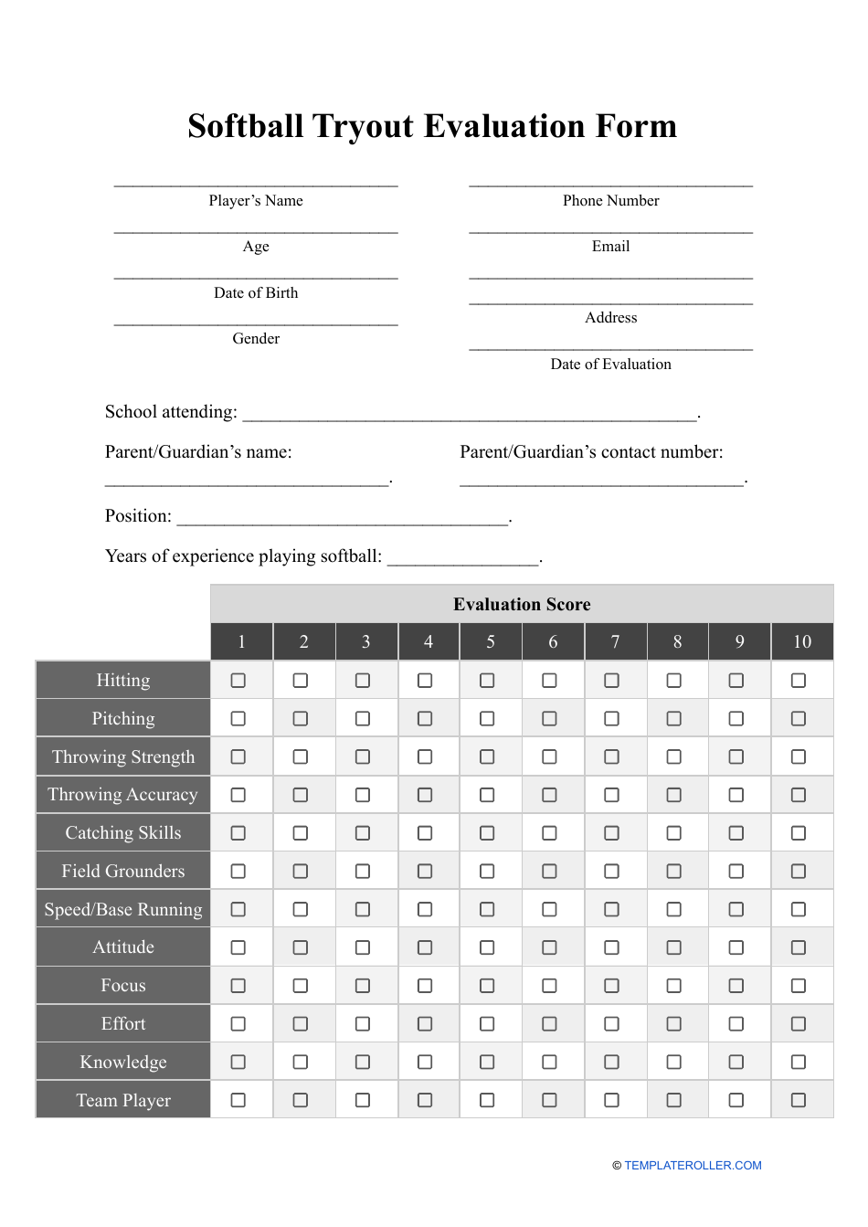 Softball Tryout Evaluation Form, Page 1
