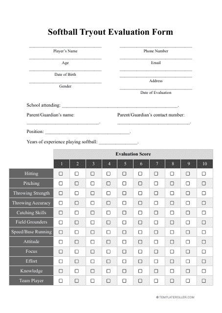Softball Tryout Evaluation Form Download Pdf