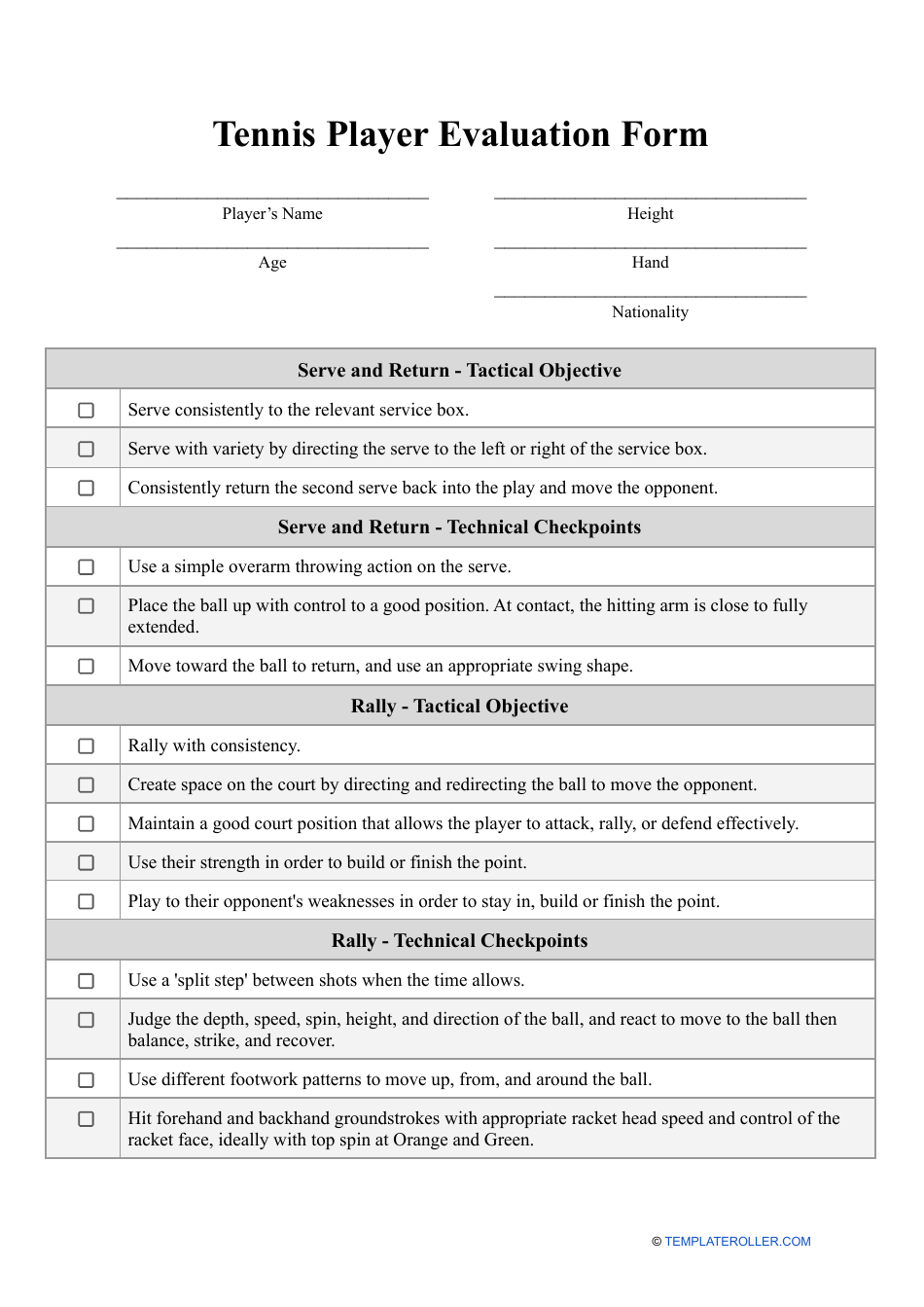 Tennis Player Evaluation Form, Page 1