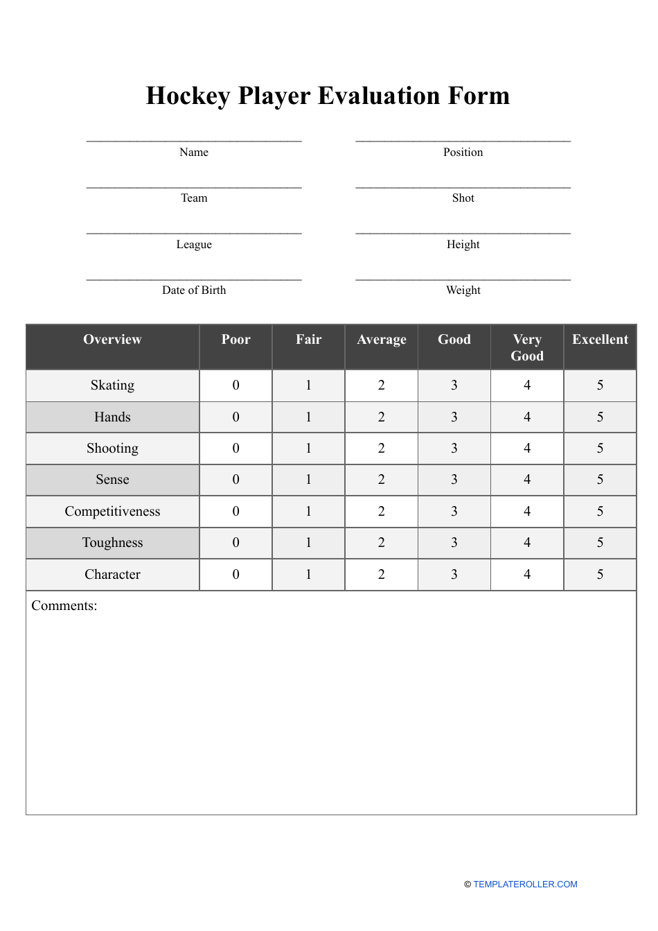Hockey Player Evaluation Form, Page 1