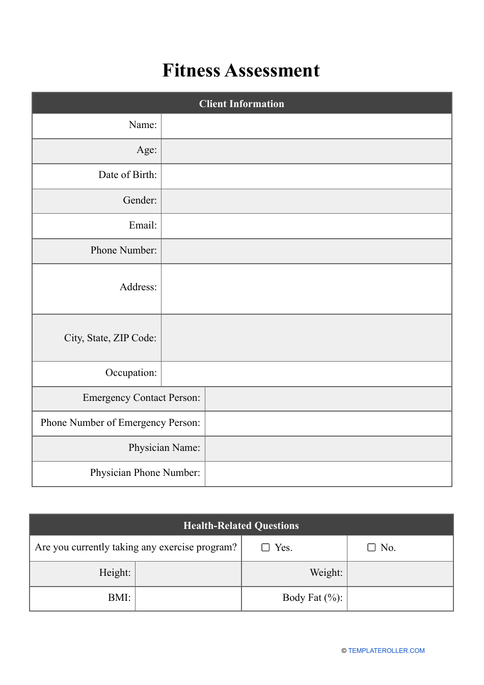 Fitness Assessment Template for complete evaluation of an individual's fitness levels and overall wellness.