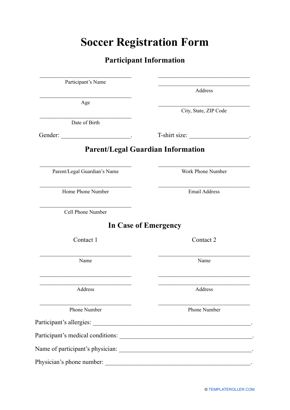 Soccer Registration Form, Page 1