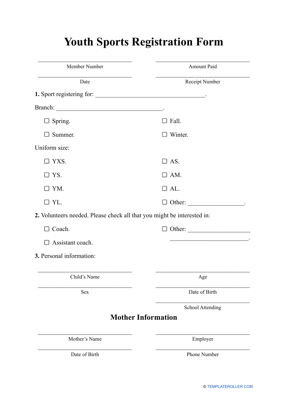 Youth Sports Registration Form, Page 1