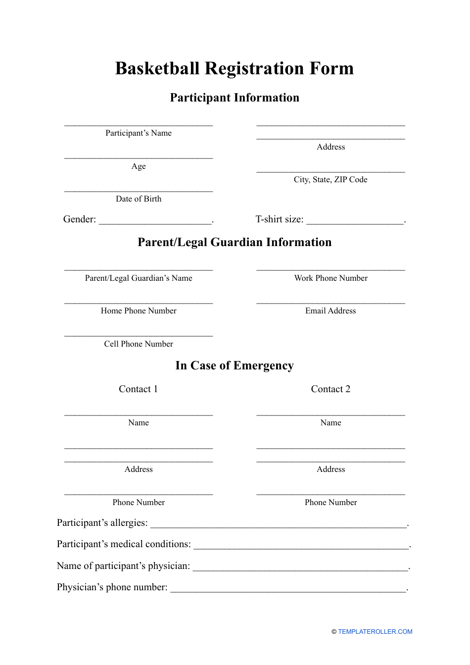Basketball Registration Form, Page 1