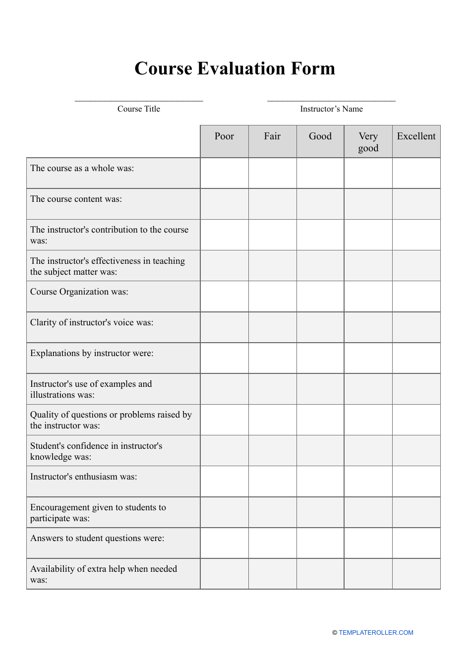 Course Evaluation Form - Big Table, Page 1