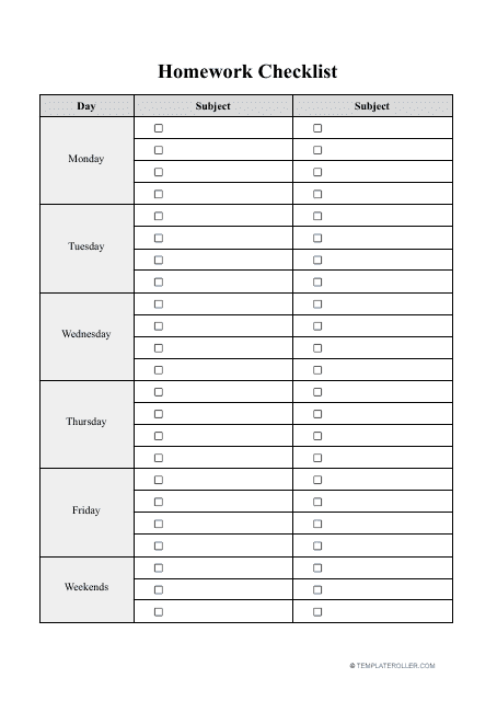 Homework Checklist Document Preview