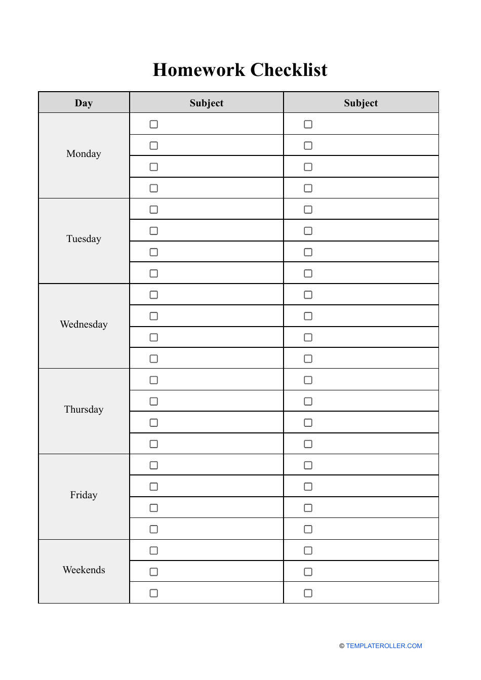 Homework Checklist Document Preview