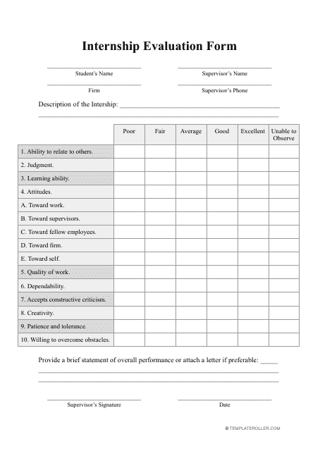 Internship Evaluation Form - Big Table Download Pdf