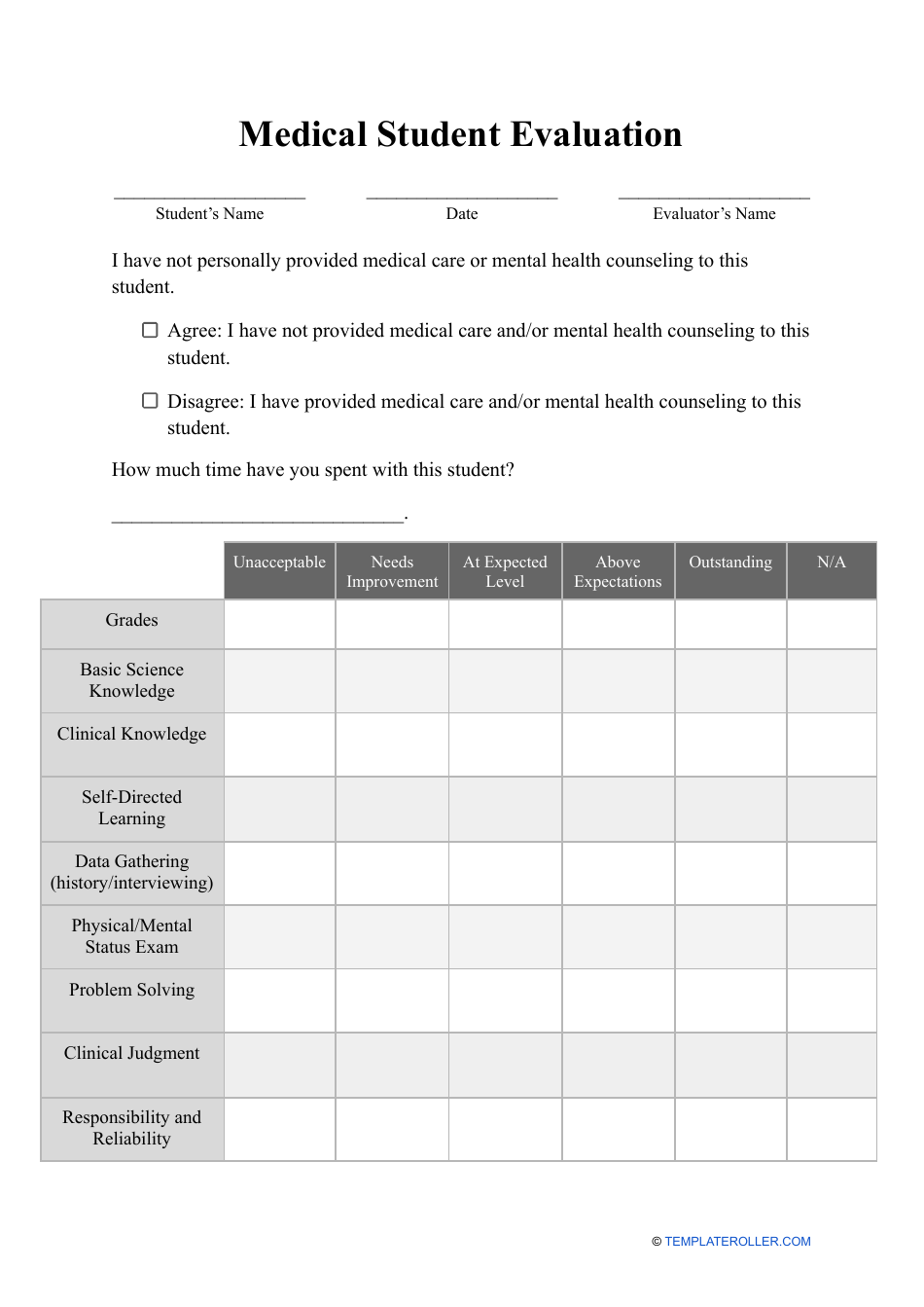 Medical Student Evaluation Form, Page 1