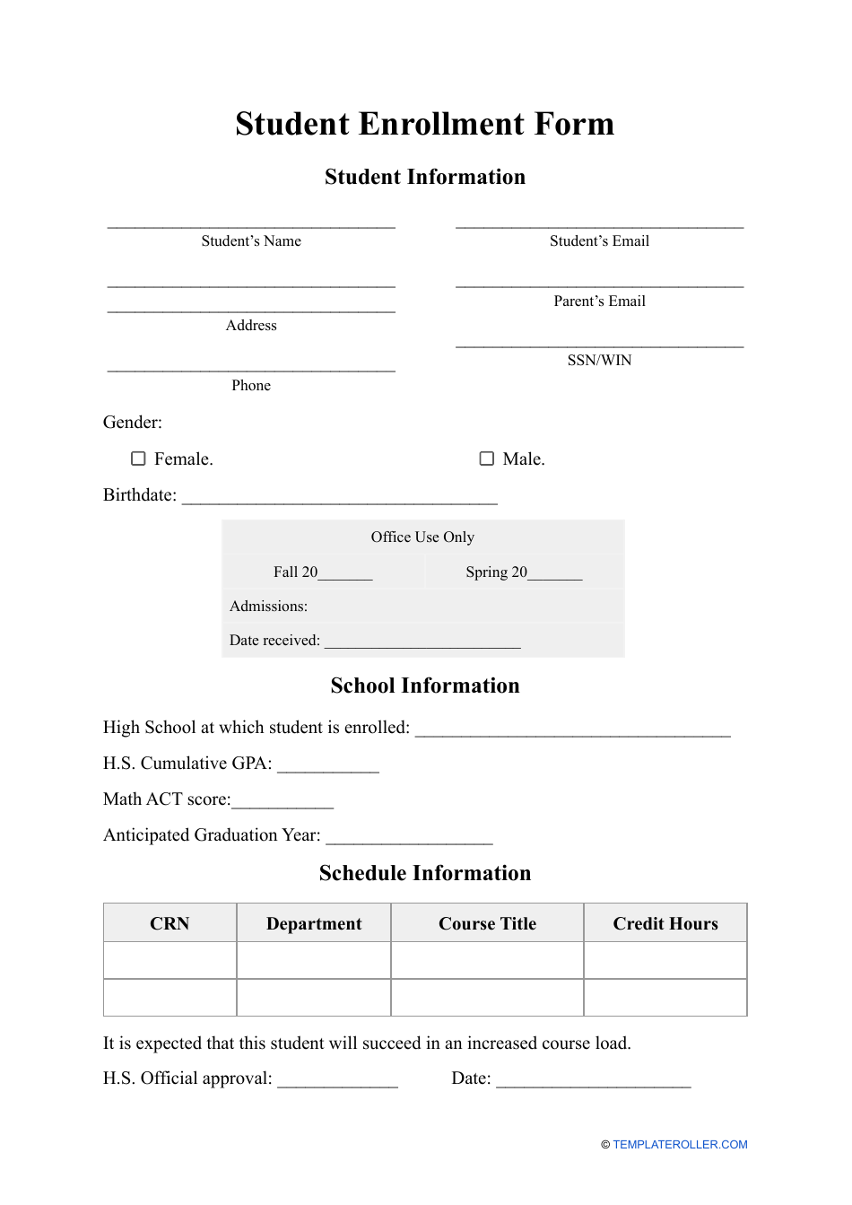Student Enrollment Form, Page 1