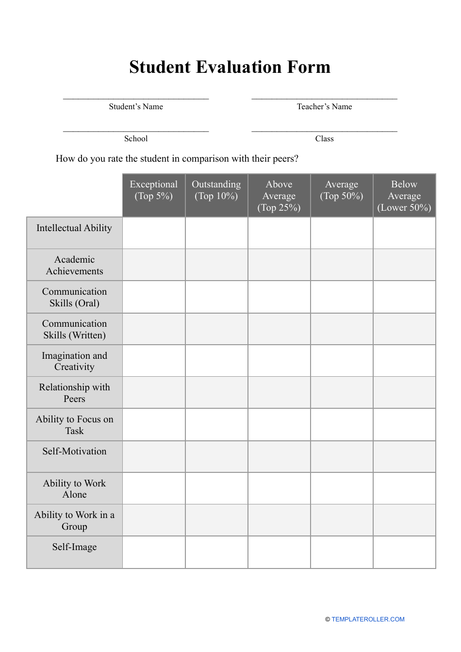 Student Evaluation Form - Table, Page 1
