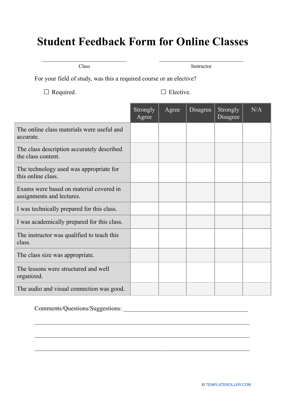 Student Feedback Form for Online Classes, Page 1