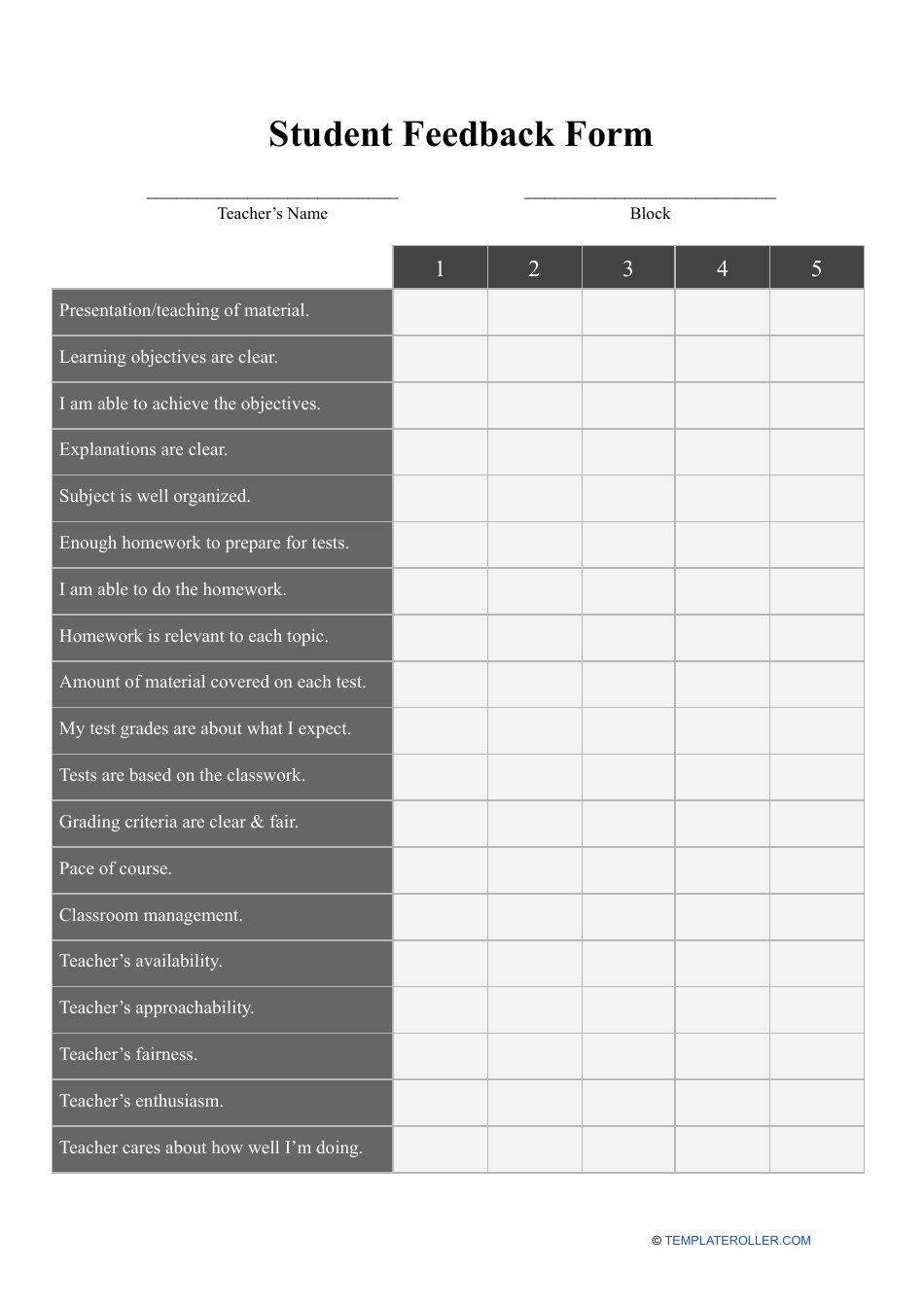 Student Feedback Form - Table, Page 1