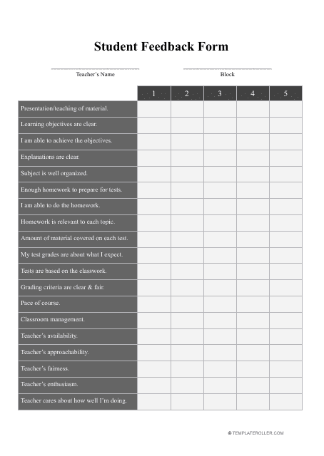 Student Feedback Form - Table