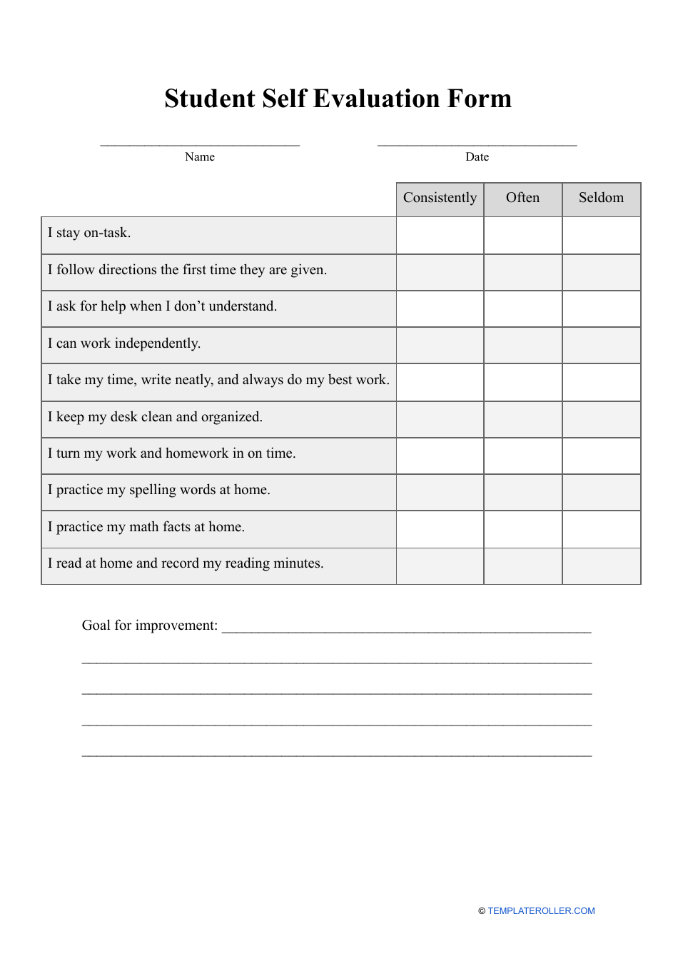 Student Self Evaluation Form Student Weekly Self Evaluation Form