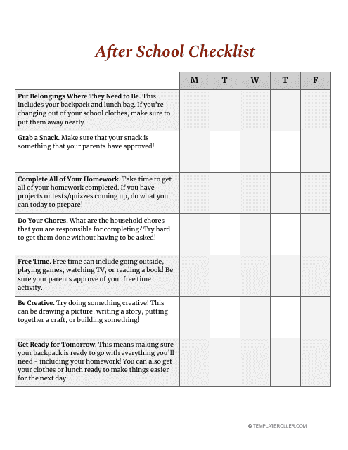 After School Checklist - Printable PDF document