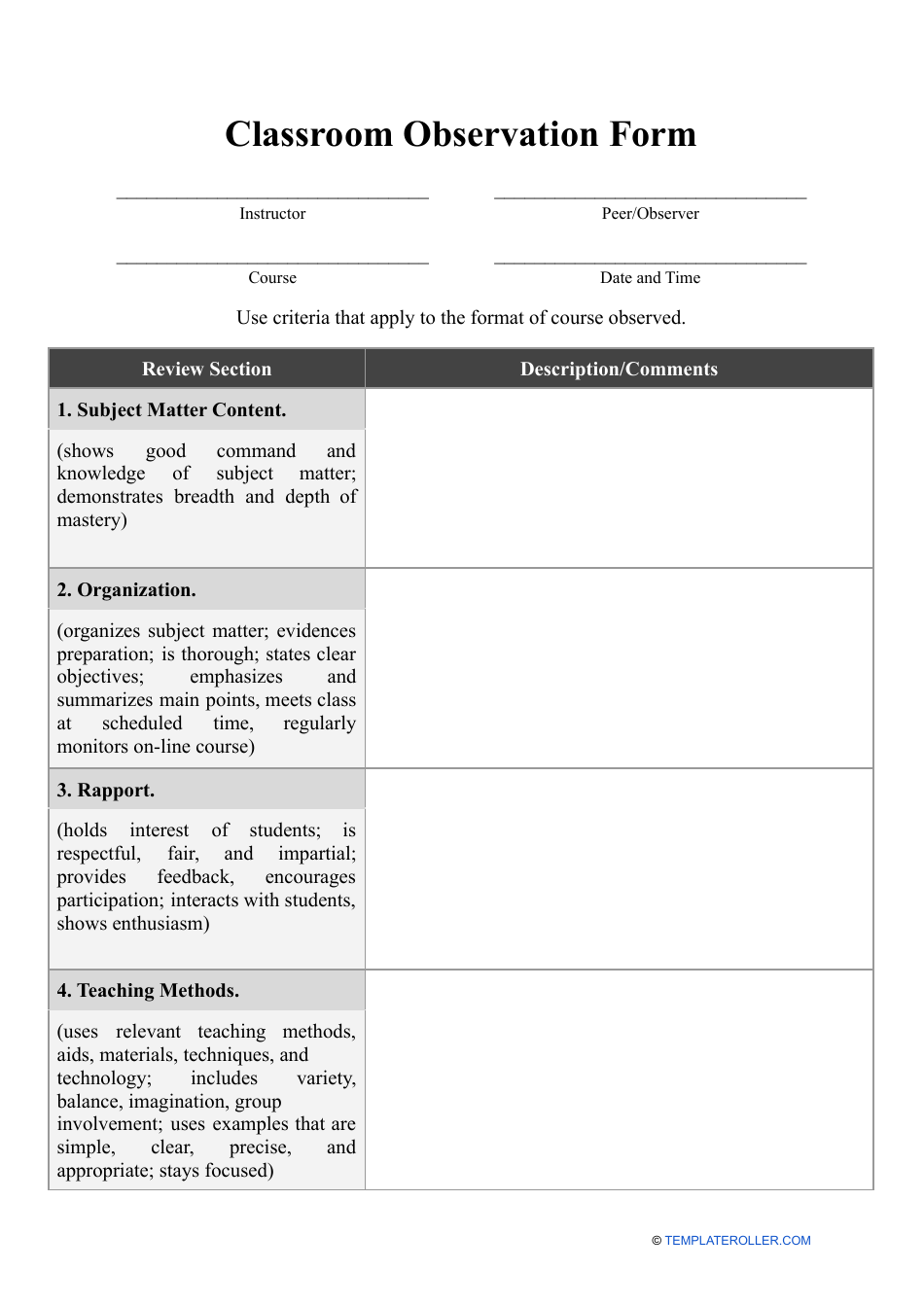 Classroom Observation Form - Big Table, Page 1