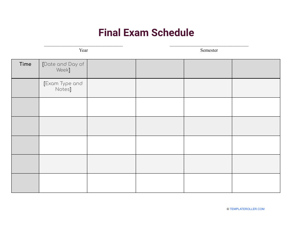 Final Exam Schedule Template- Printable Image
