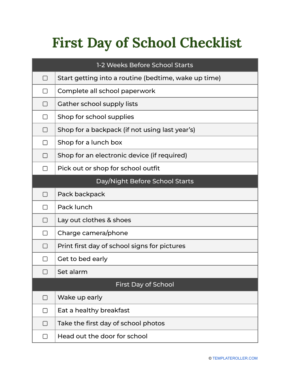 First Day Of School Checklist For Teachers Pdf