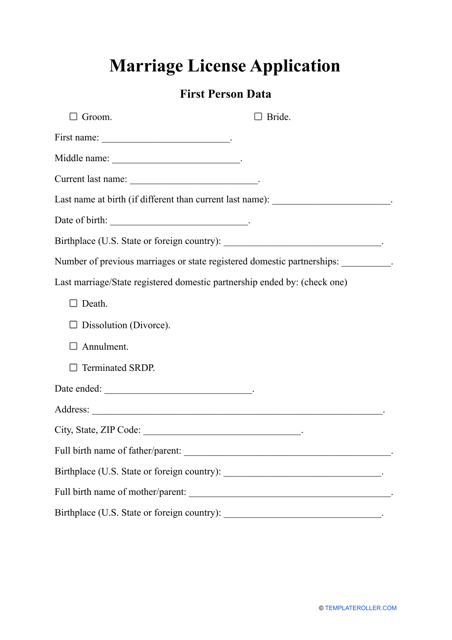 Marriage License Application Template - Free Printable Document