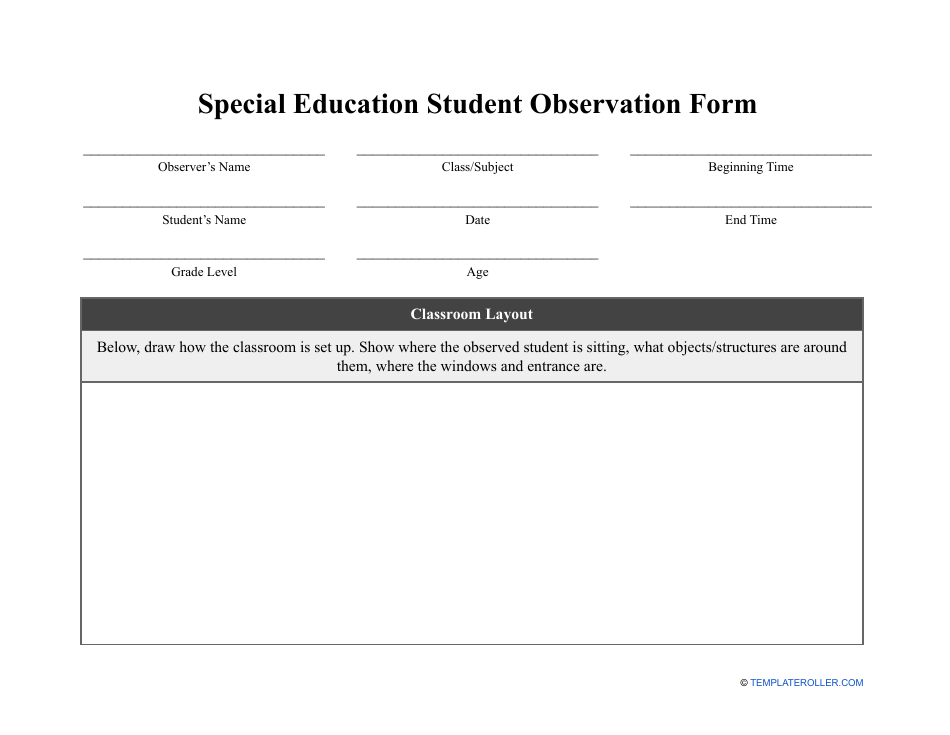 Special Education Student Observation Form, Page 1