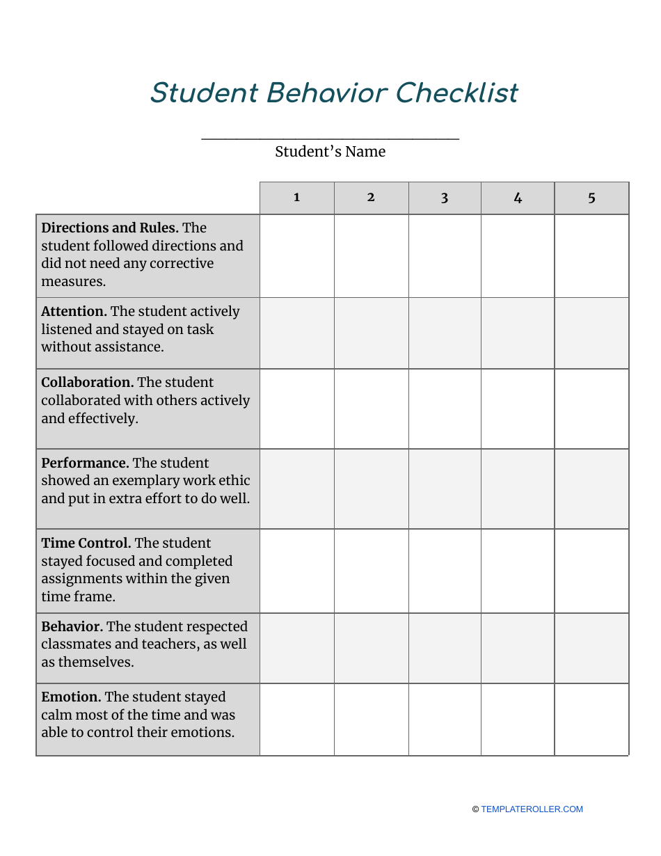 A perfectly organized Student Behavior Checklist document.