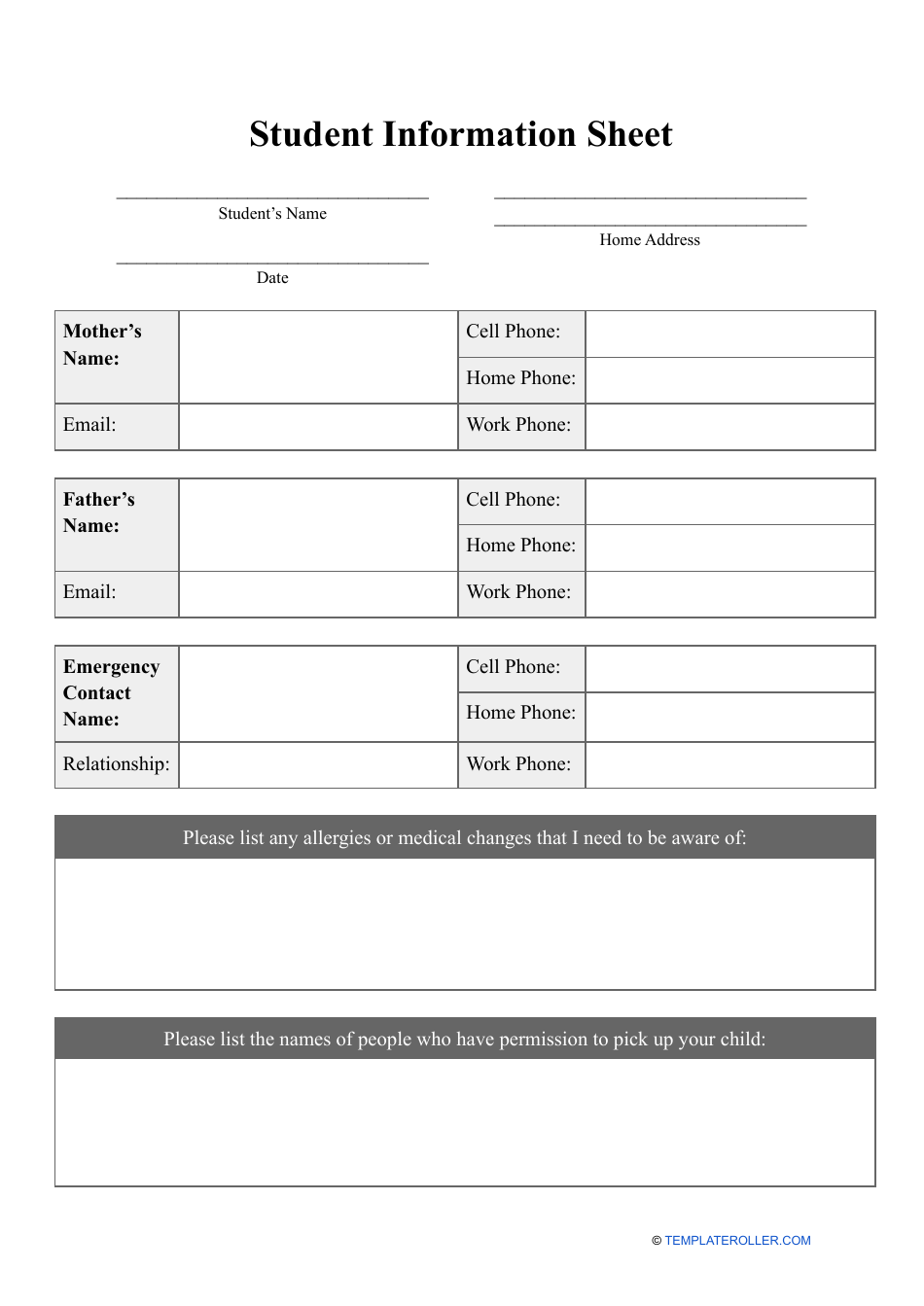 Sample Student Information Sheet Document