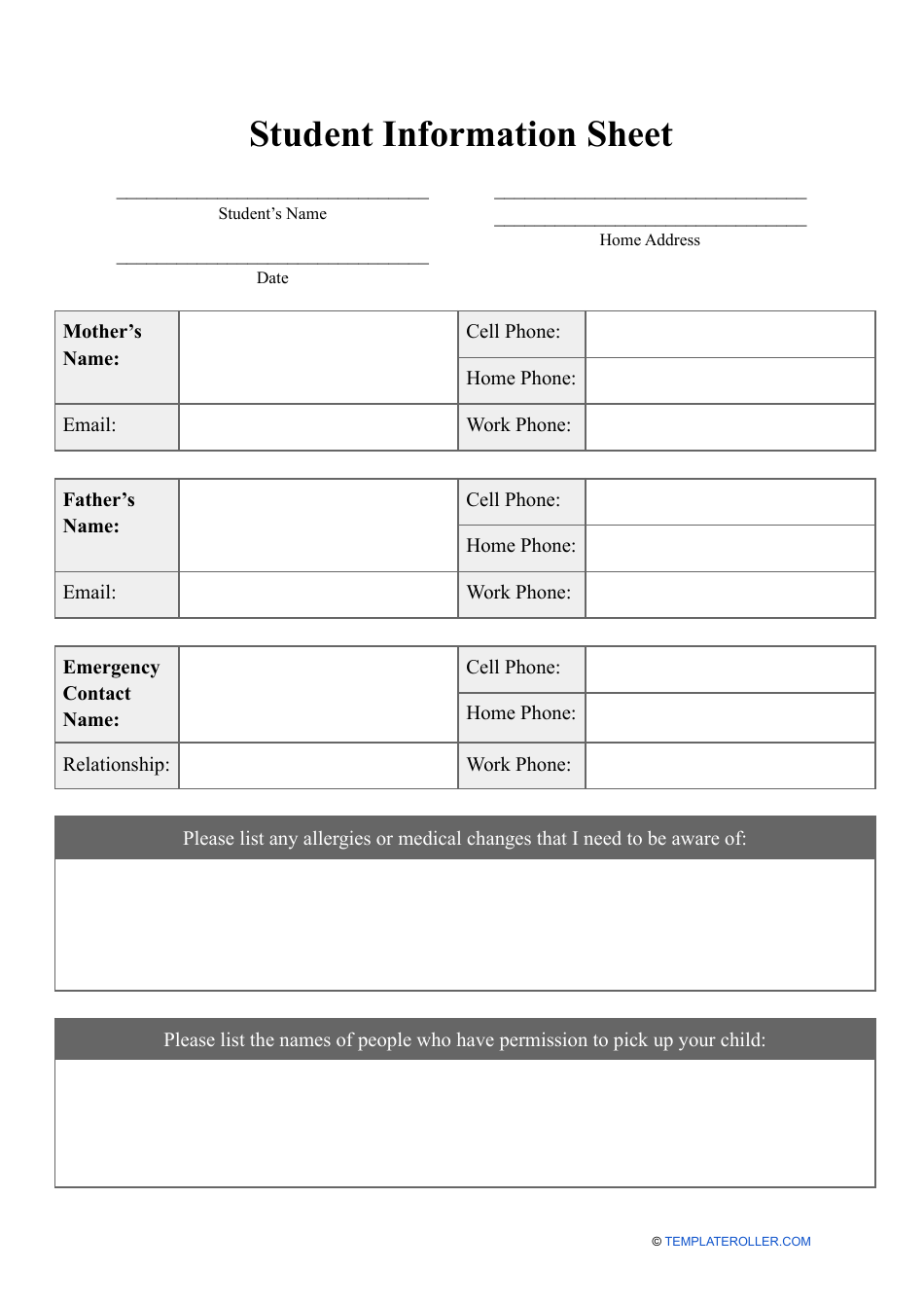 Student Information Sheet Download Printable PDF Templateroller