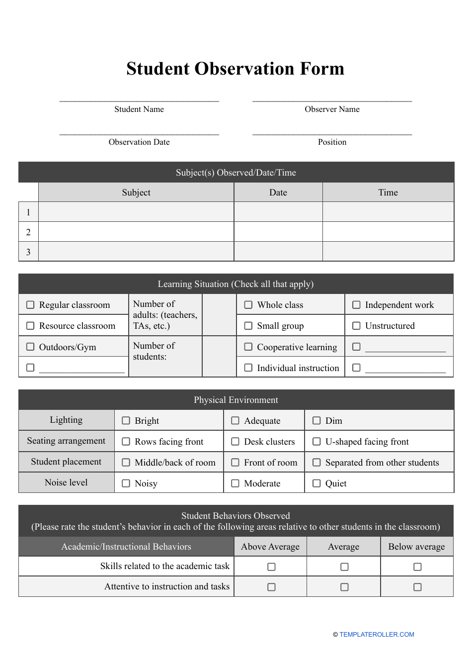 Student Observation Form - Tables, Page 1