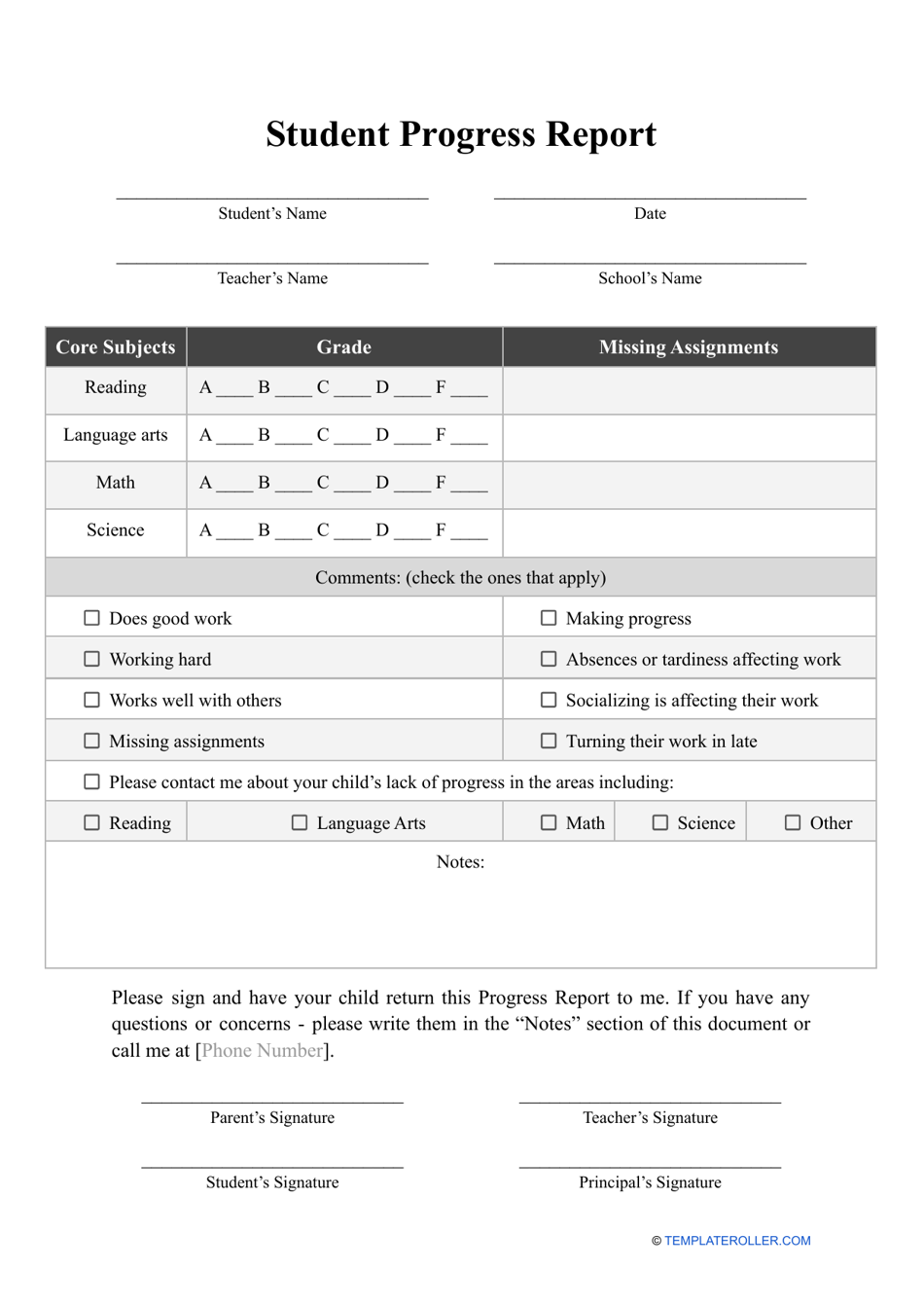 Student Progress Report Template, Page 1