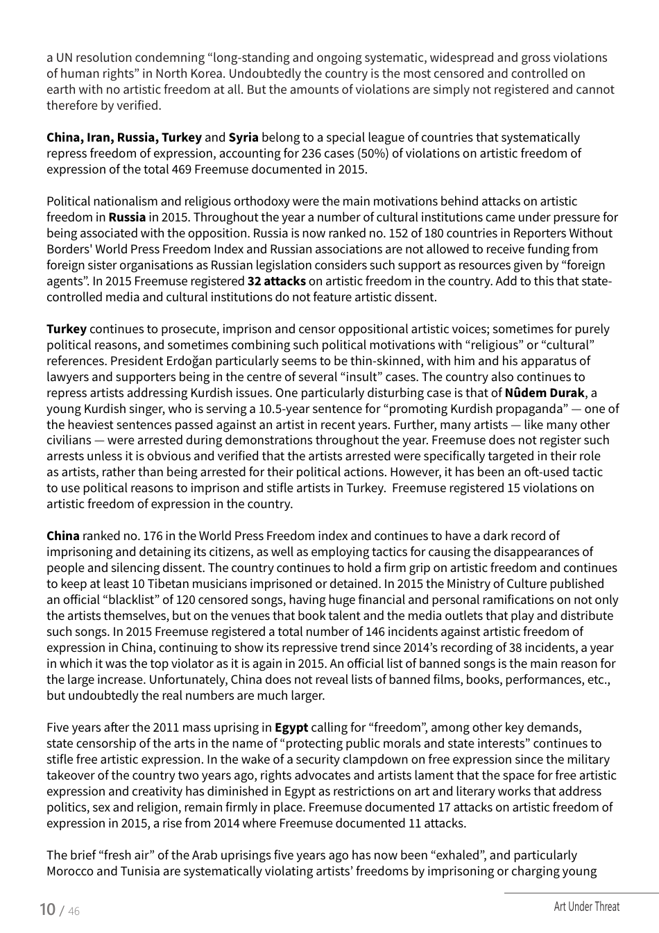 Art Under Threat - Freemuse Annual Statistics on Censorship and Attacks on Artistic Freedom in 2015, Page 10