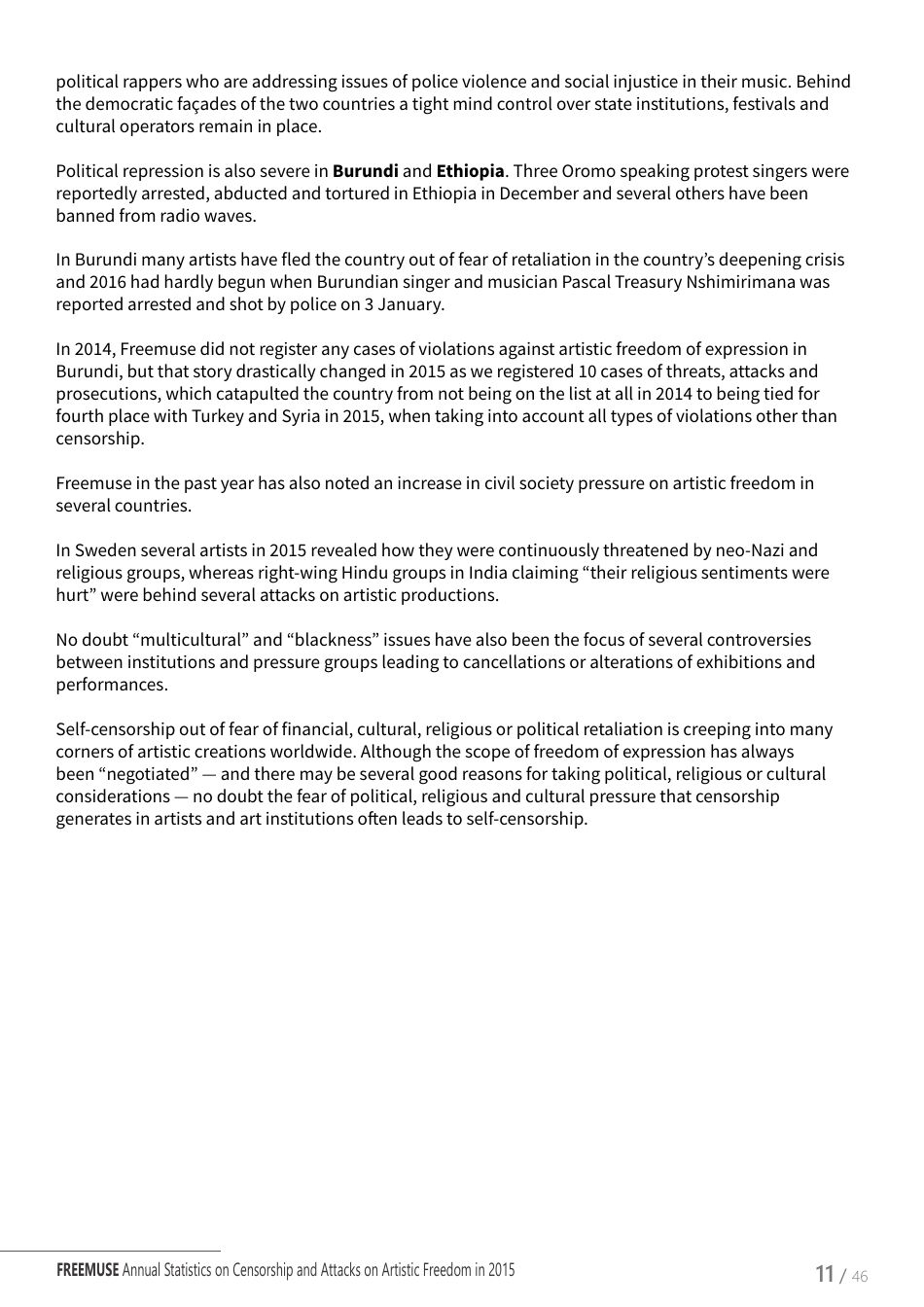 Art Under Threat - Freemuse Annual Statistics on Censorship and Attacks on Artistic Freedom in 2015, Page 11
