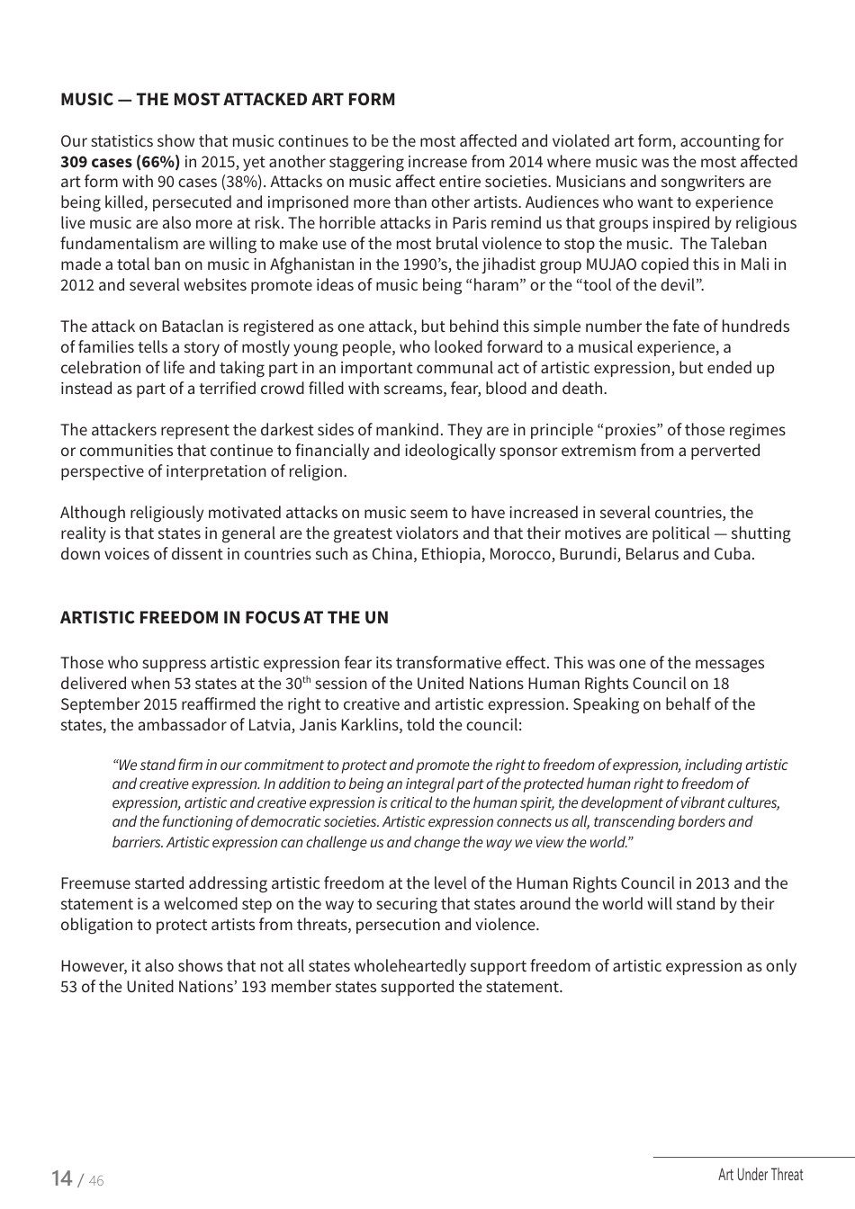 Art Under Threat - Freemuse Annual Statistics on Censorship and Attacks on Artistic Freedom in 2015, Page 14