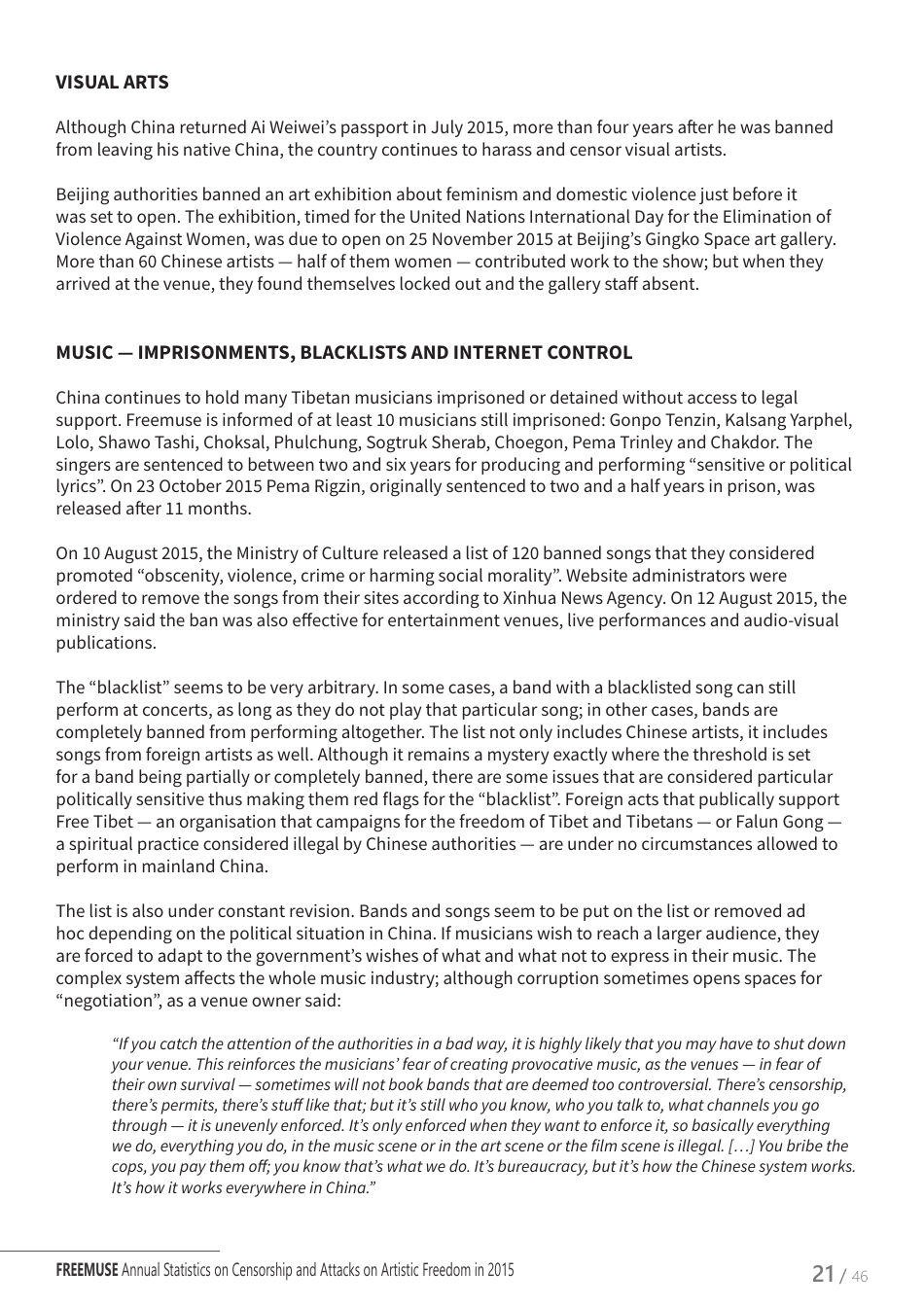 Art Under Threat - Freemuse Annual Statistics on Censorship and Attacks on Artistic Freedom in 2015, Page 21