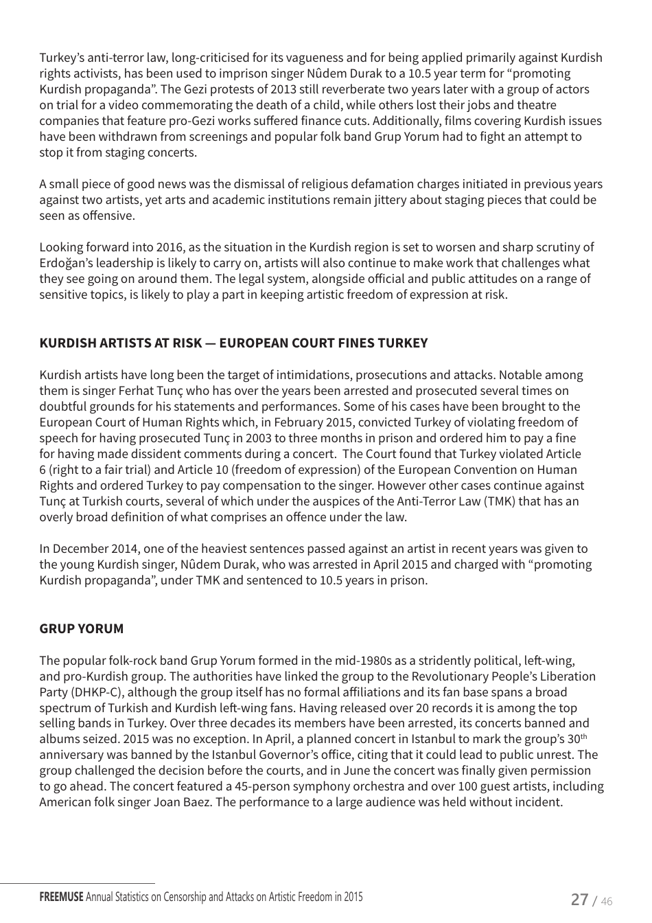 Art Under Threat - Freemuse Annual Statistics on Censorship and Attacks on Artistic Freedom in 2015, Page 27