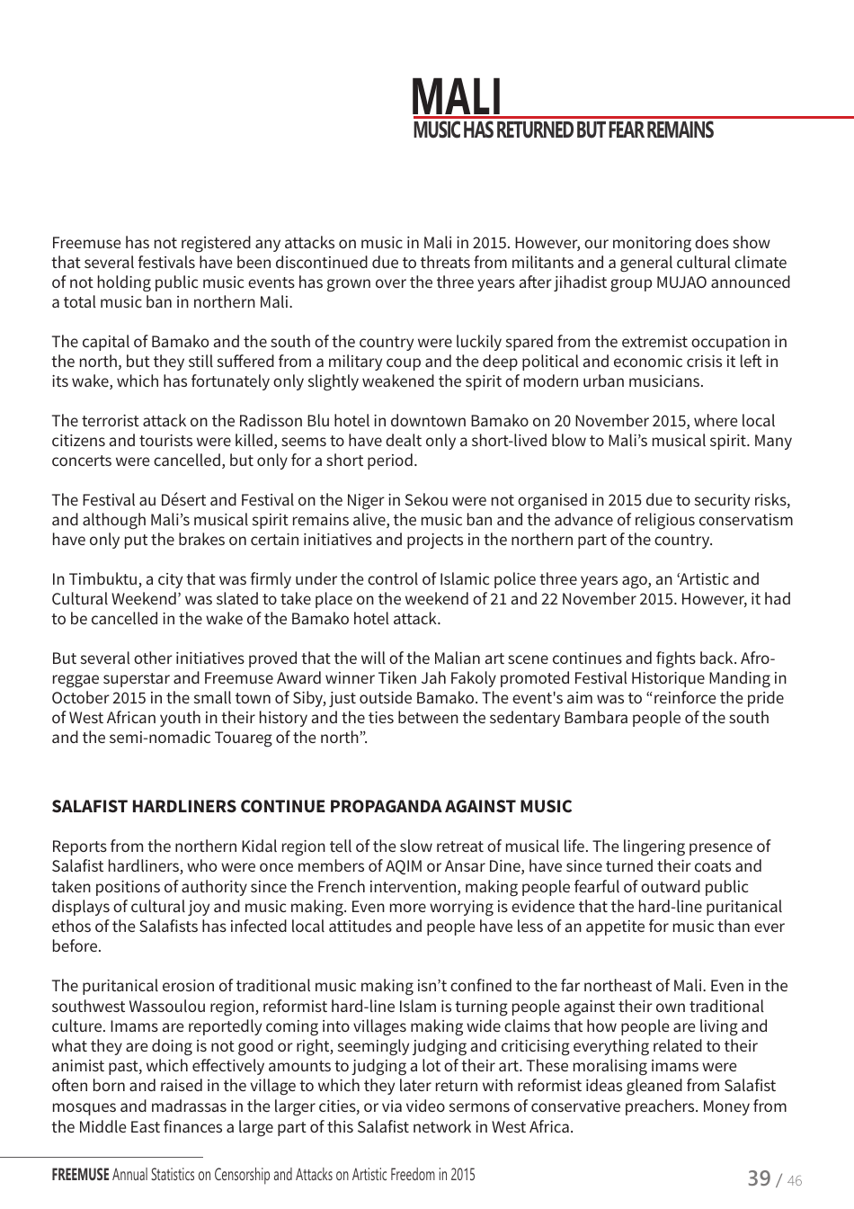 Art Under Threat - Freemuse Annual Statistics on Censorship and Attacks on Artistic Freedom in 2015, Page 39